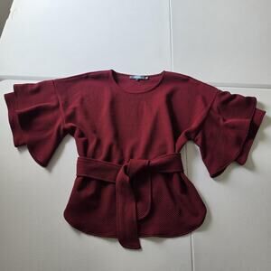 Eva Franco Tunic Blouse Womens Medium Red Textured Belted Bell Sleeve Top